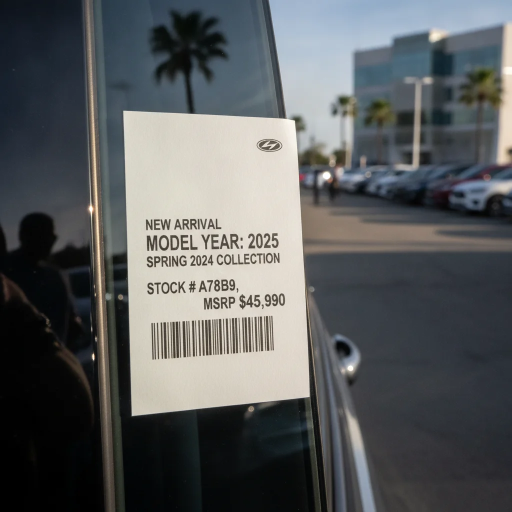 Close-up of a model year window sticker on a car at a dealership lot in daylight