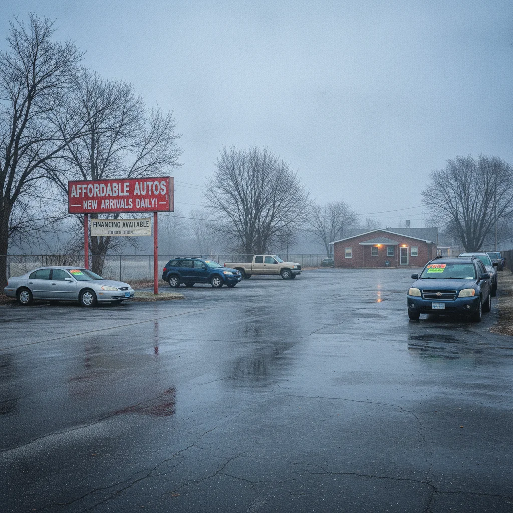 Nearly empty used-car dealership lot on a late winter morning with a grey-blue sky