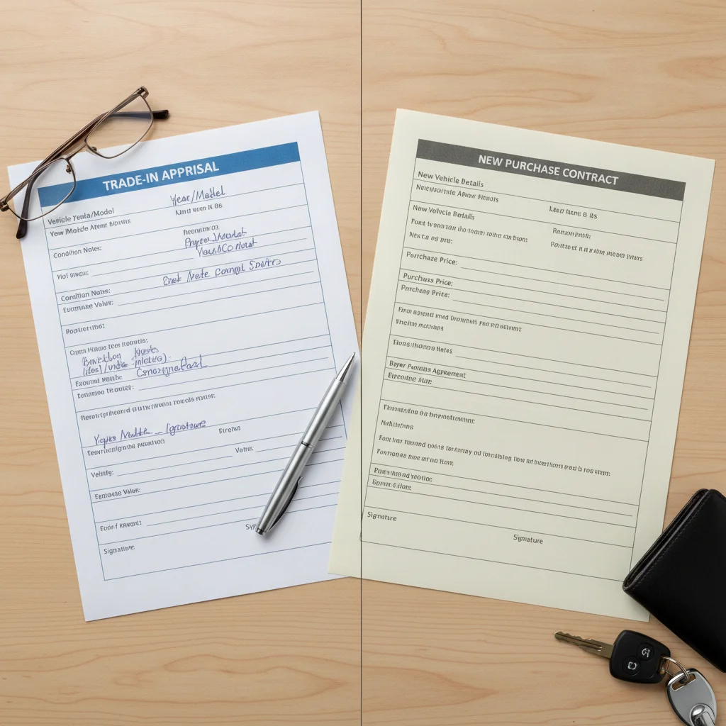 Trade-in appraisal form alongside a new car purchase contract viewed from overhead on a desk