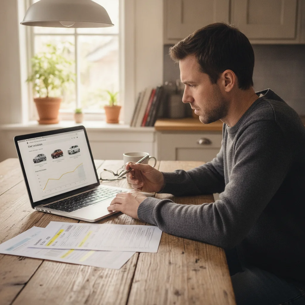 Person comparing multiple trade-in quotes at home before visiting a dealership