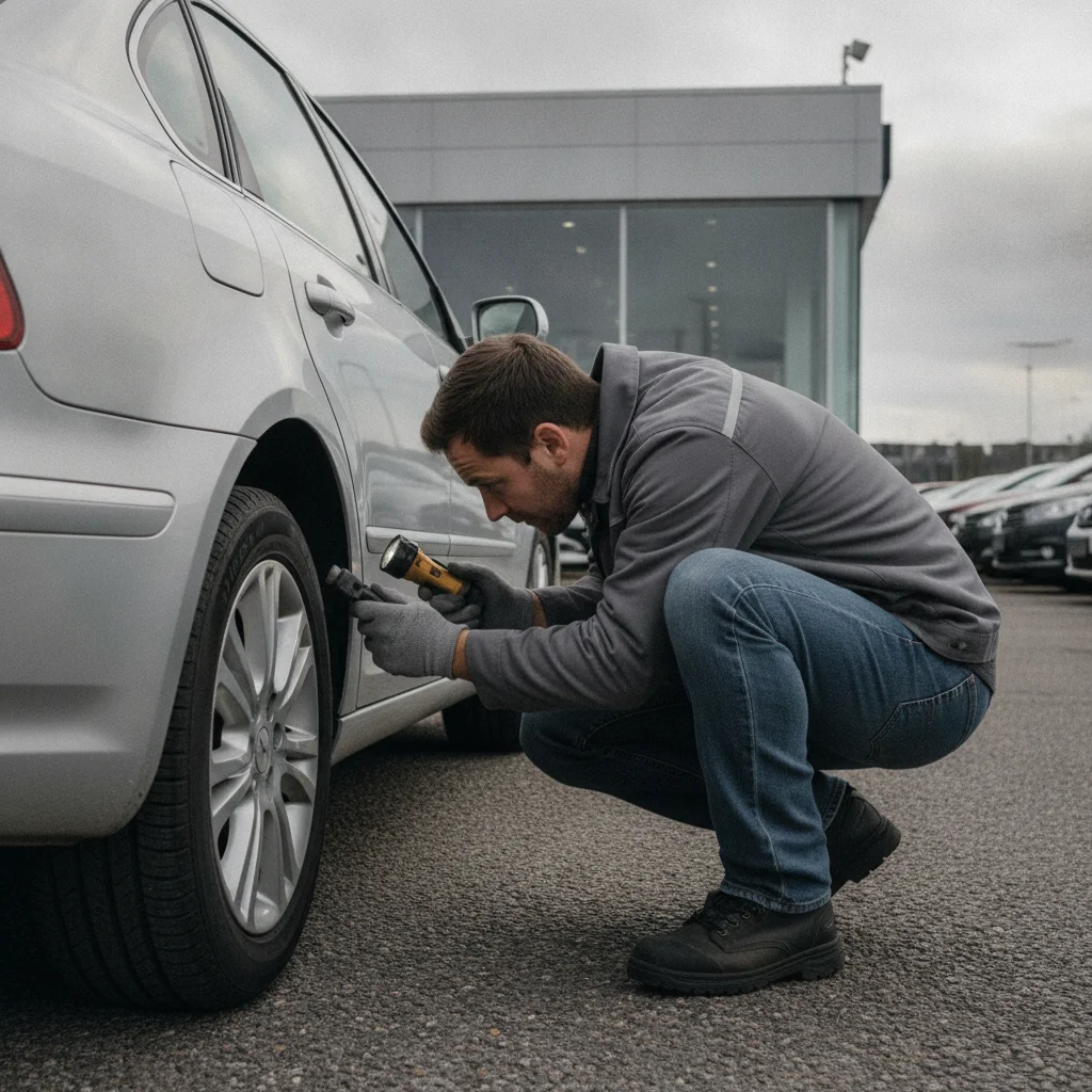 Dealer appraiser inspecting the undercarriage of a used car on a dealership lot