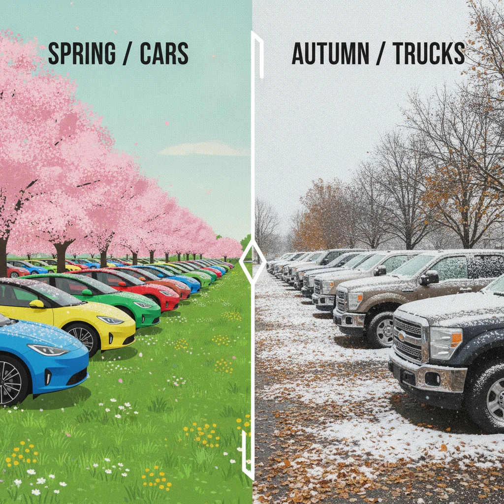 Side-by-side illustration of spring convertible market and autumn truck market to show seasonal trade-in timing
