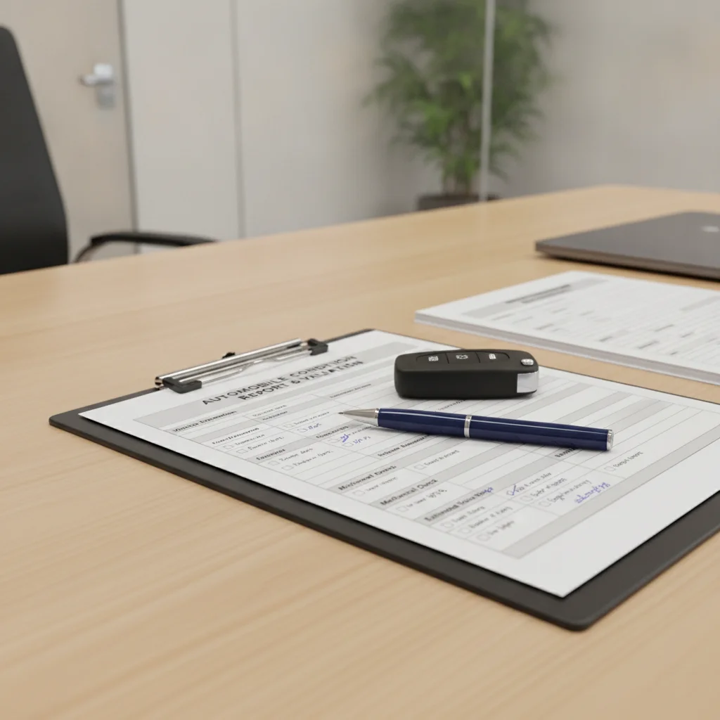 A vehicle appraisal form with car key and pen on a dealership desk