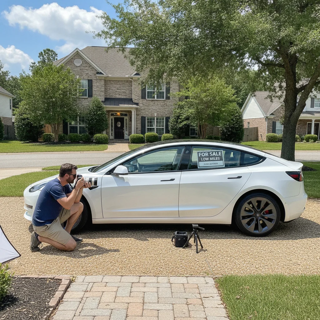 Person photographing a clean sedan in a driveway to create a private sale listing
