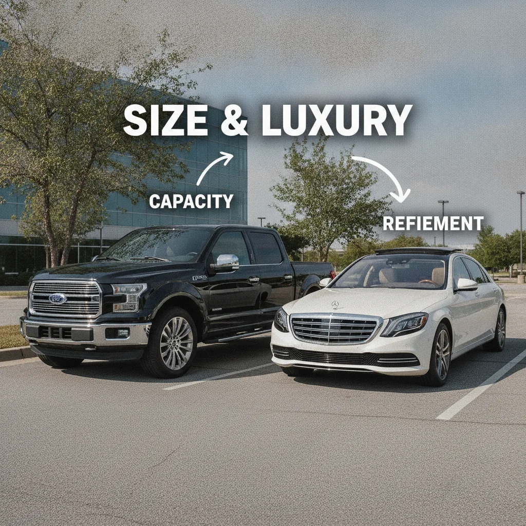 A full-size pickup truck and a luxury sedan parked side by side in an outdoor lot