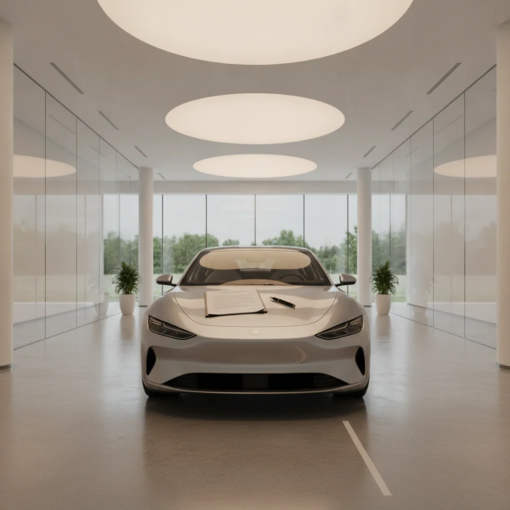 A sedan parked in a dealership showroom with a contract and pen placed on the hood