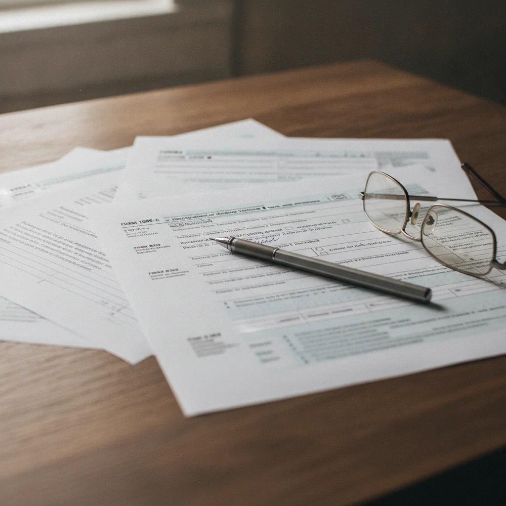IRS tax forms 1098-C and 8283 on a wooden desk with a pencil and glasses