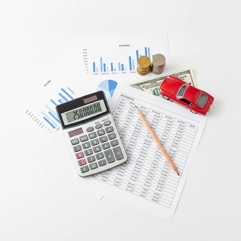 Calculator, financial printout, miniature car model, and stacked coins on a white surface