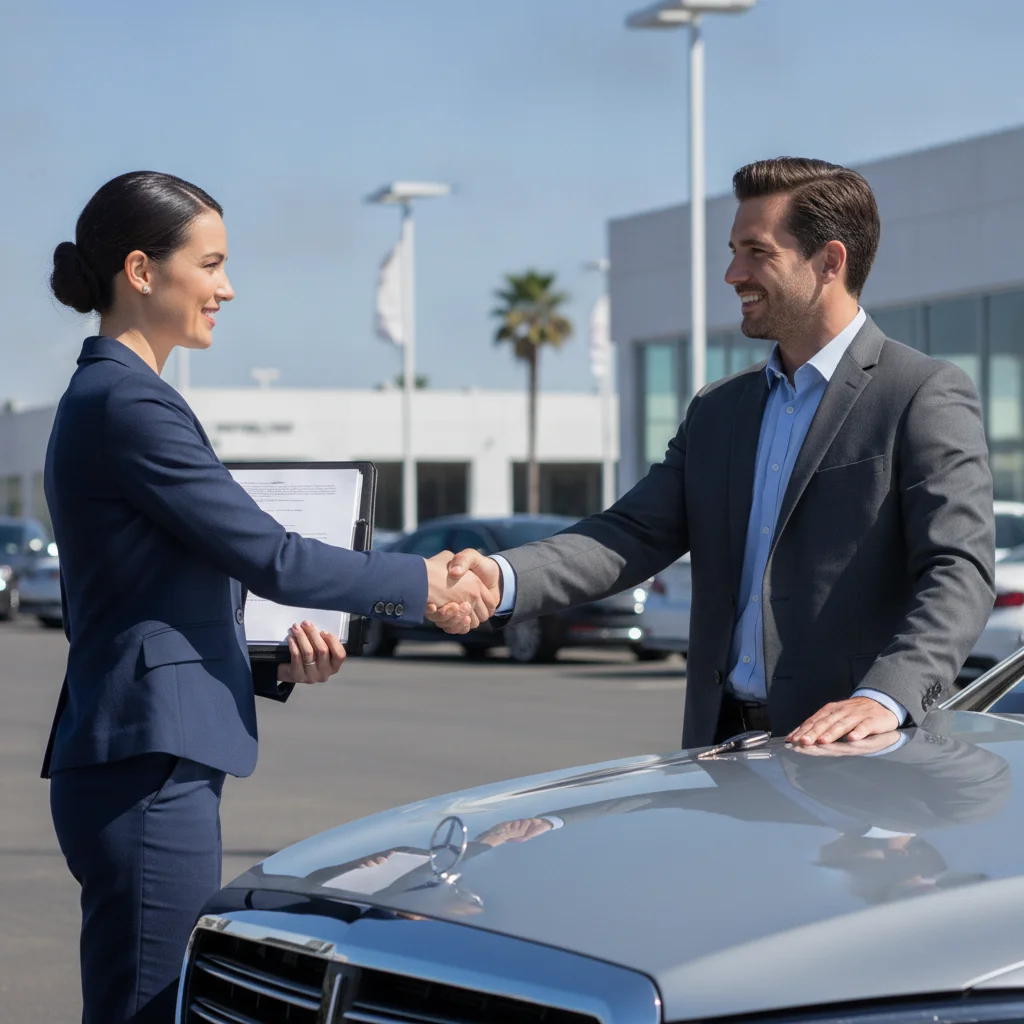Two people shaking hands over a car hood in a dealership parking lot, one holding paperwork