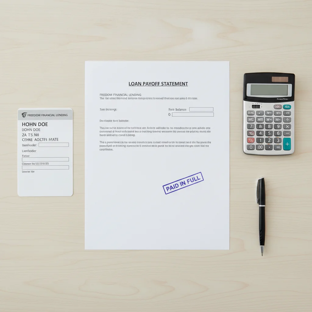 Auto loan payoff statement and vehicle title document on a desk with a calculator
