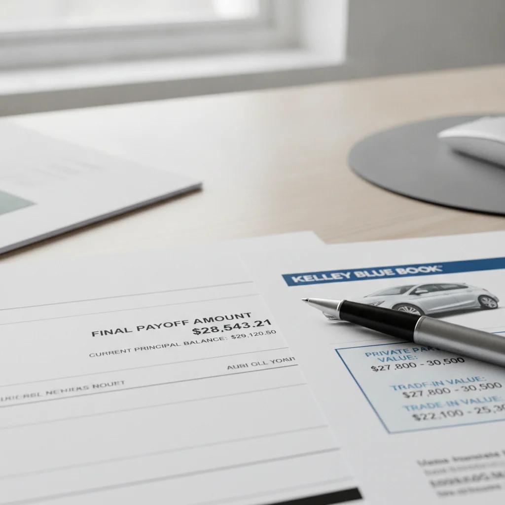 Loan payoff document and vehicle valuation printout side by side on a desk with a pen