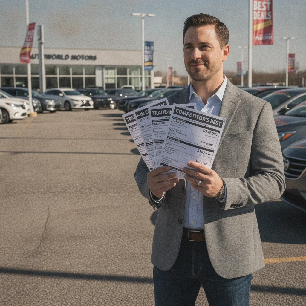 Car seller holding multiple printed trade-in offer sheets at a dealership, ready to negotiate
