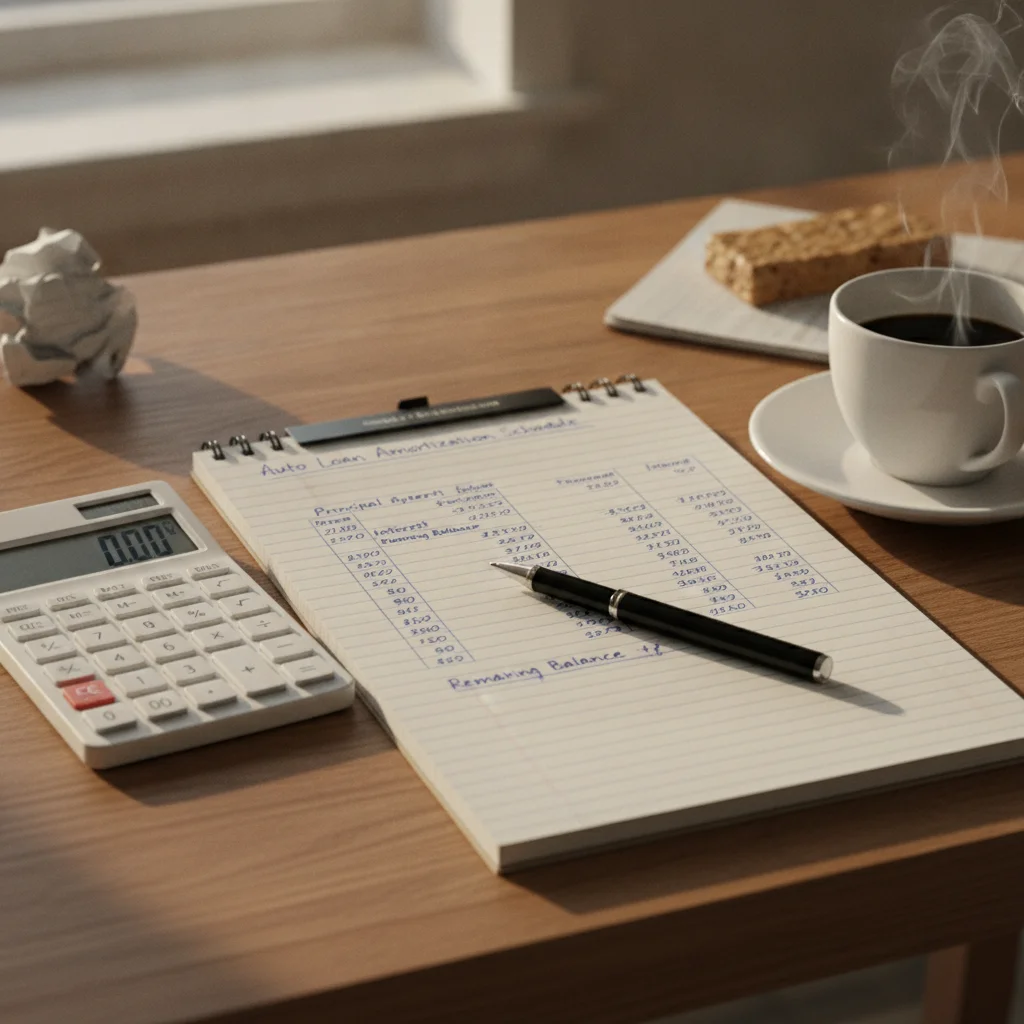 Calculator and handwritten auto loan figures on a notepad at a kitchen table for financial planning