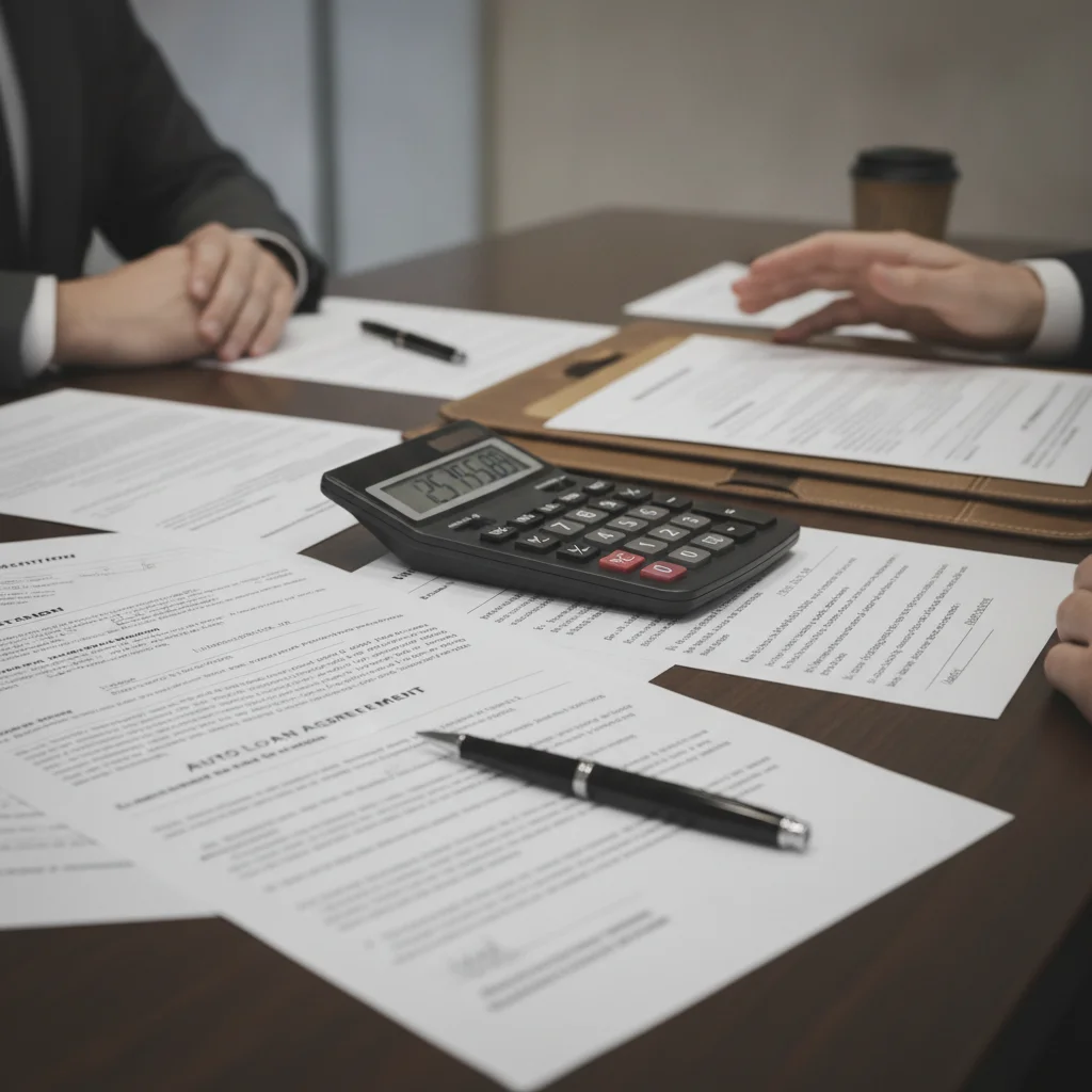 Dealership finance office desk with loan documents, a calculator showing a large total, and a pen ready to sign