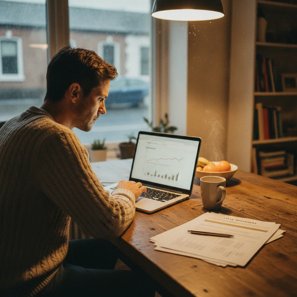 Person researching car trade-in values and loan payoff figures at home before visiting a dealership