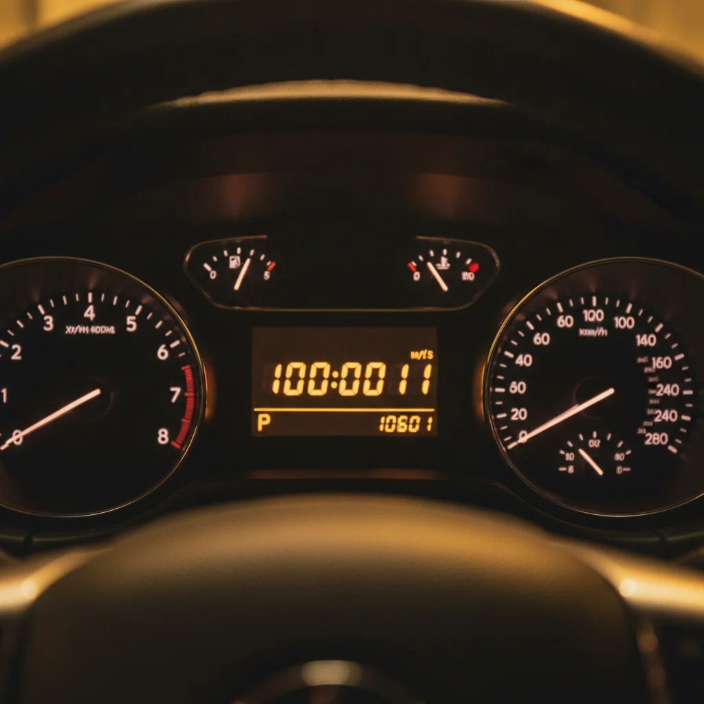 Car odometer showing just over 100,000 miles in a dimly lit vehicle interior