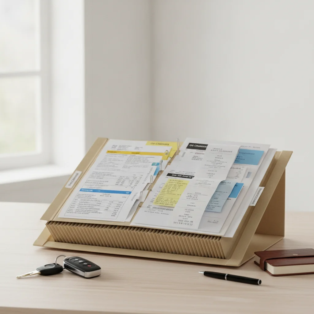 Organized folder of vehicle service records and oil change receipts alongside a set of car keys