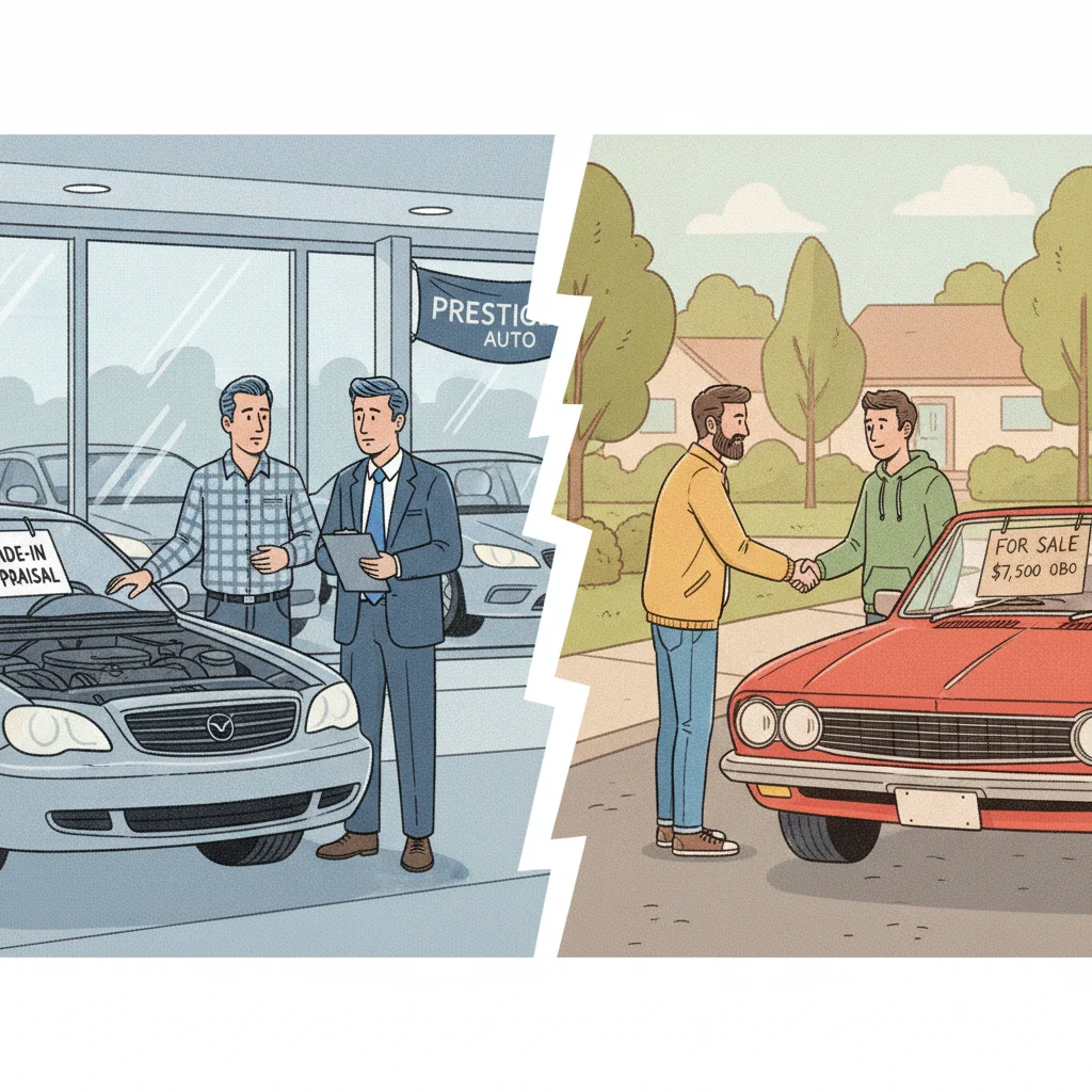 Split image comparing a dealer trade-in appraisal scene and a private party car sale transaction