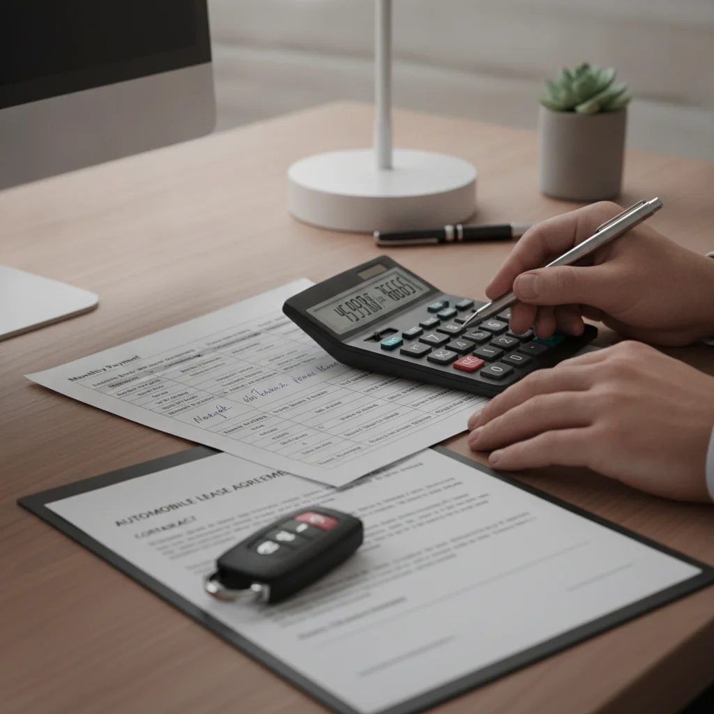 Person calculating lease equity using a worksheet and calculator with a car key nearby