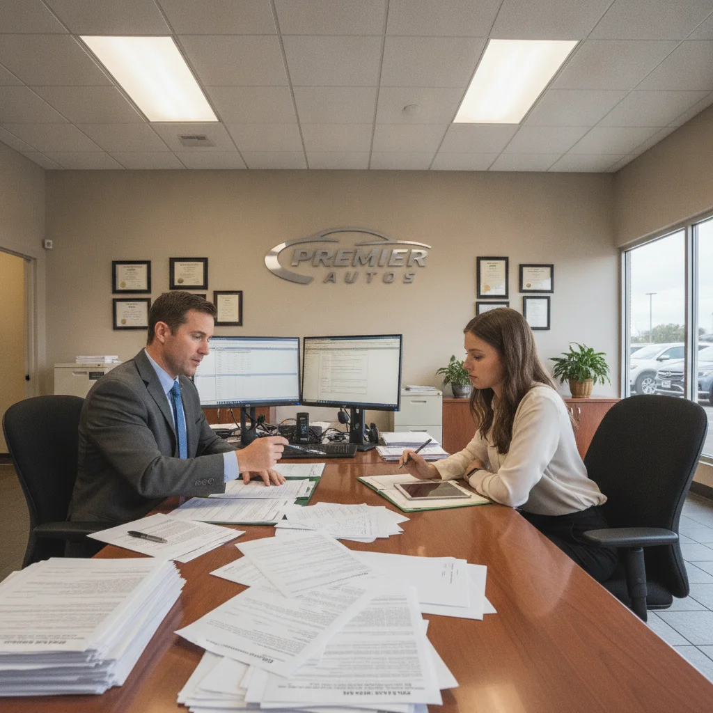 Car dealership finance office with two people reviewing trade-in deal paperwork across a desk