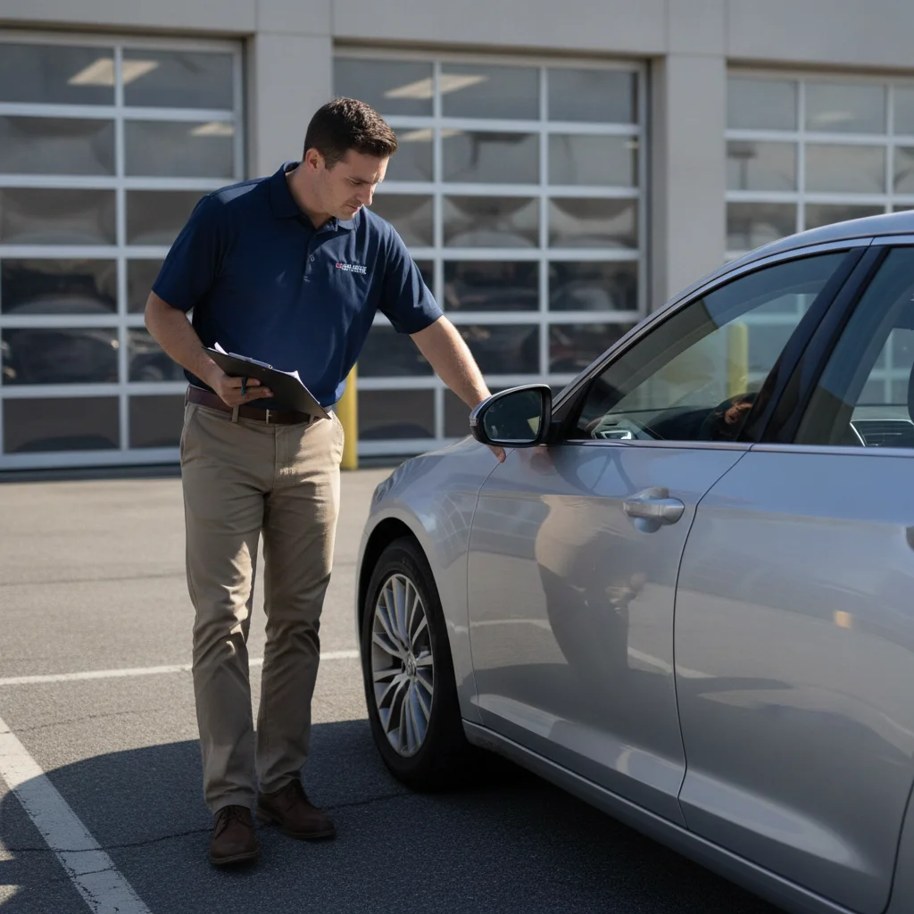 Dealership appraiser inspecting a silver sedan during a trade-in evaluation at a car lot