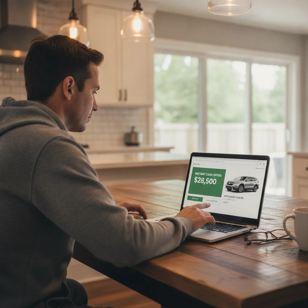 Person reviewing an instant online car-buying offer on a laptop at home before visiting a dealership