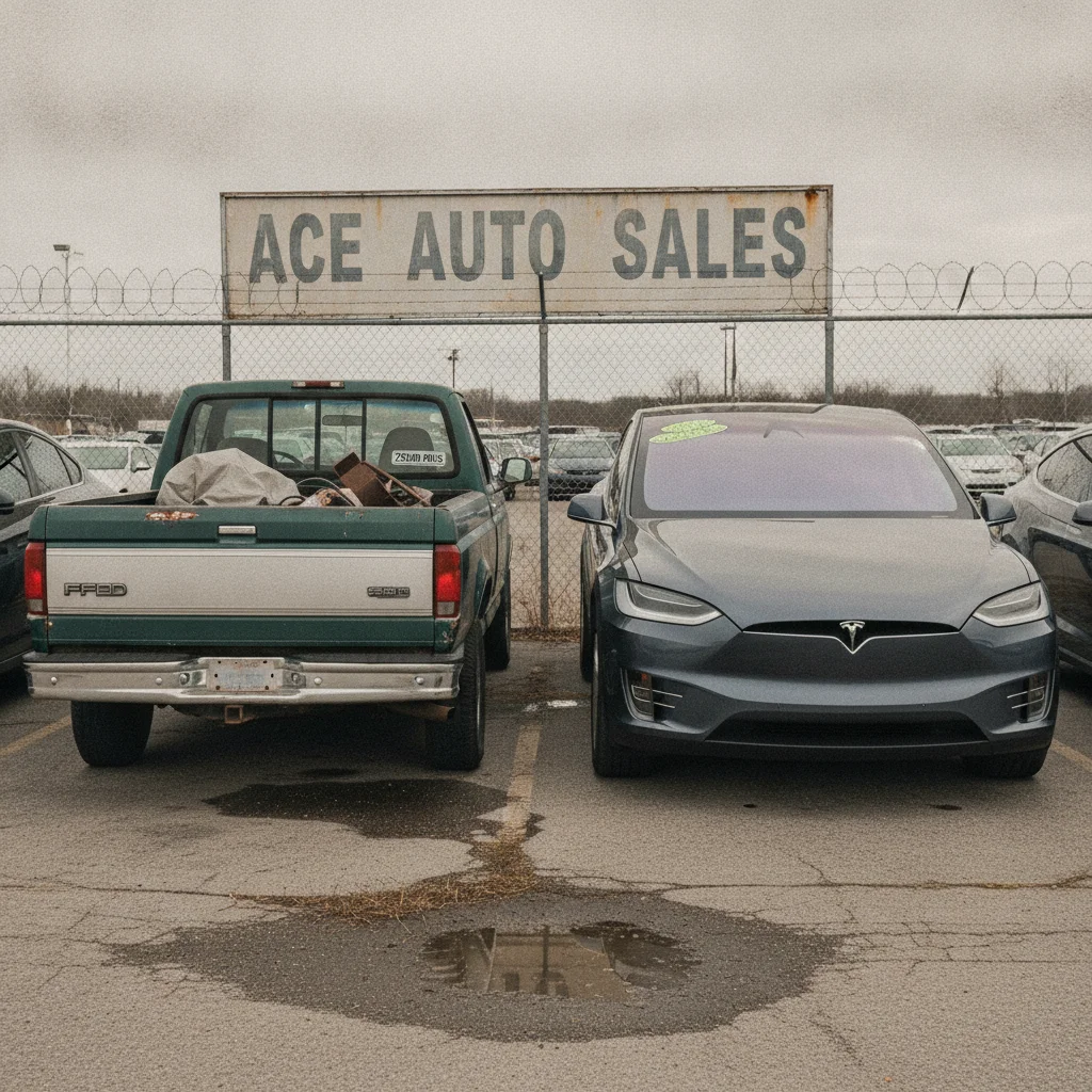 An older high-mileage truck parked next to a newer SUV at a used car lot illustrating vehicle condition contrast