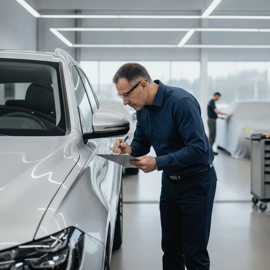 A dealership appraiser inspecting a silver SUV during a trade-in evaluation process.