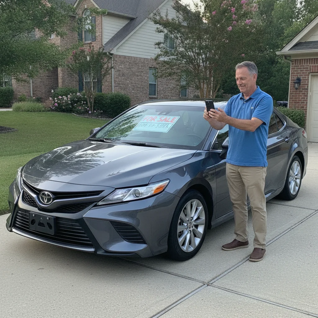 A private seller photographing their car for sale in a residential driveway on a sunny day.