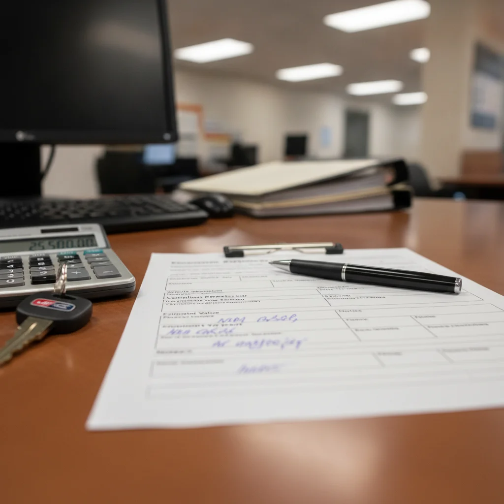 Dealer appraisal form on a desk with car keys and calculator, representing the trade-in process