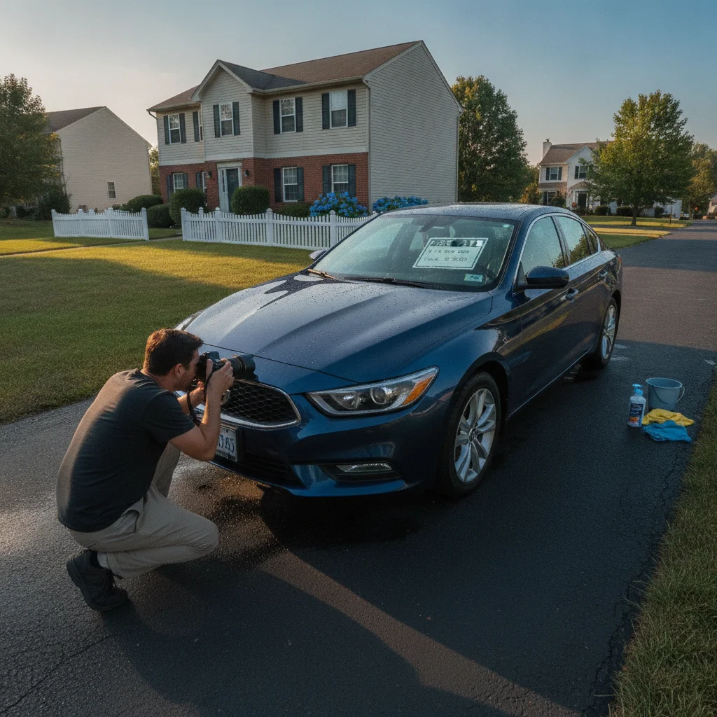 Person photographing a used car in natural daylight for a private sale listing