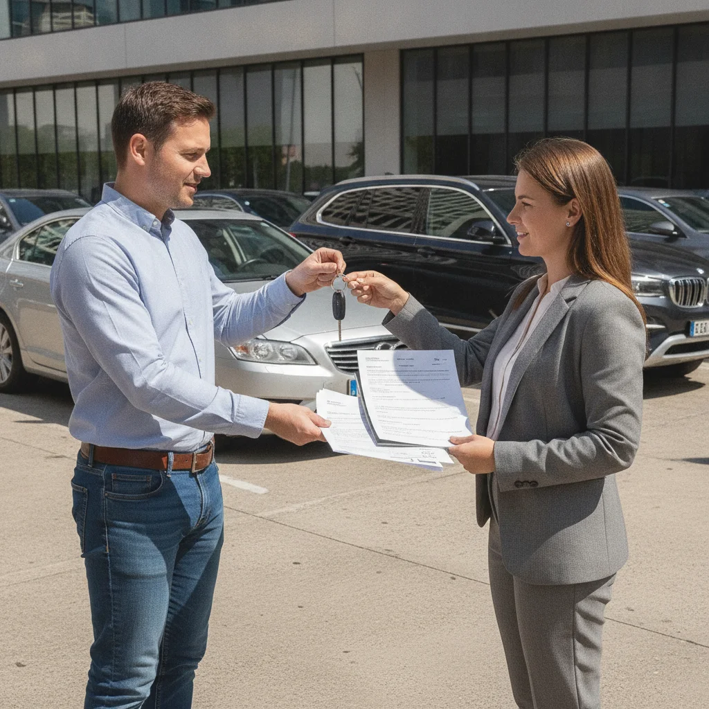 Two people completing a private car sale transaction outdoors with keys and paperwork exchanged