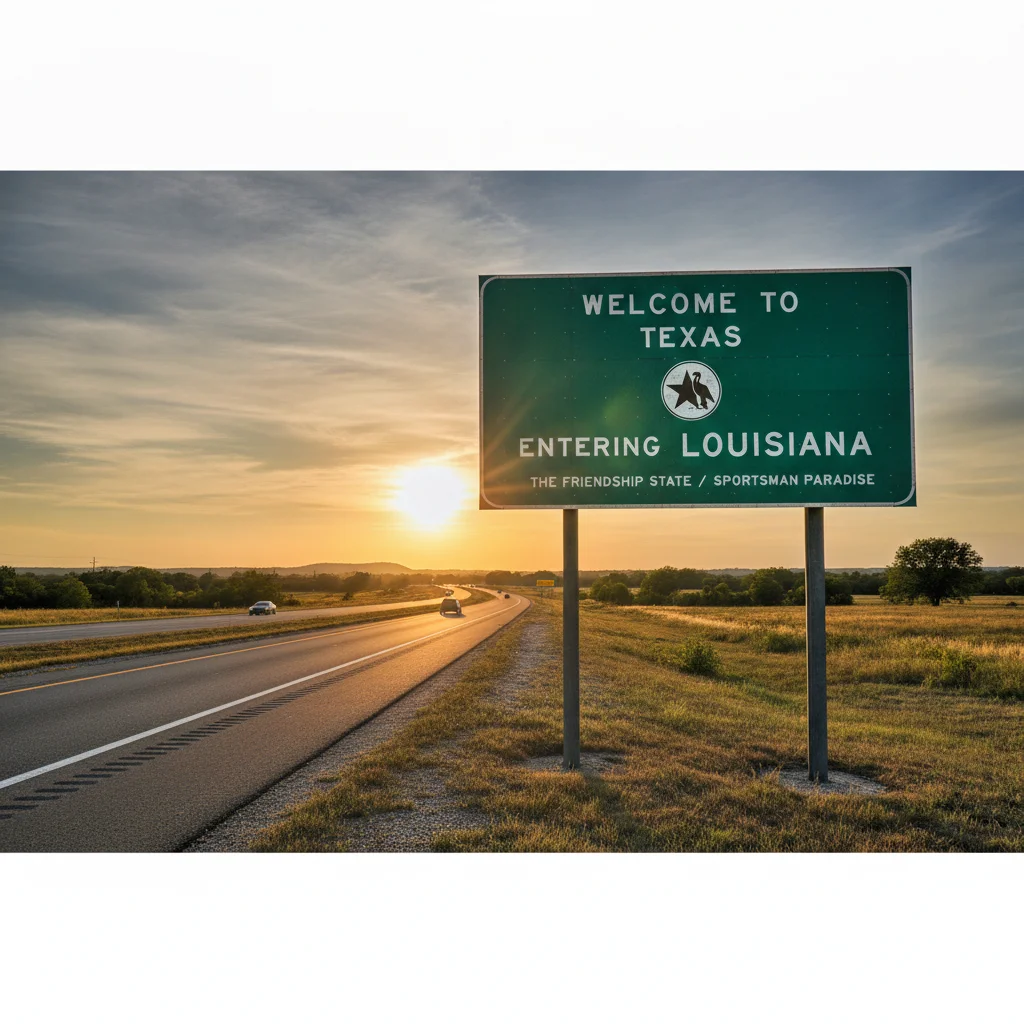 Green highway sign marking a state border on a sunny American interstate highway