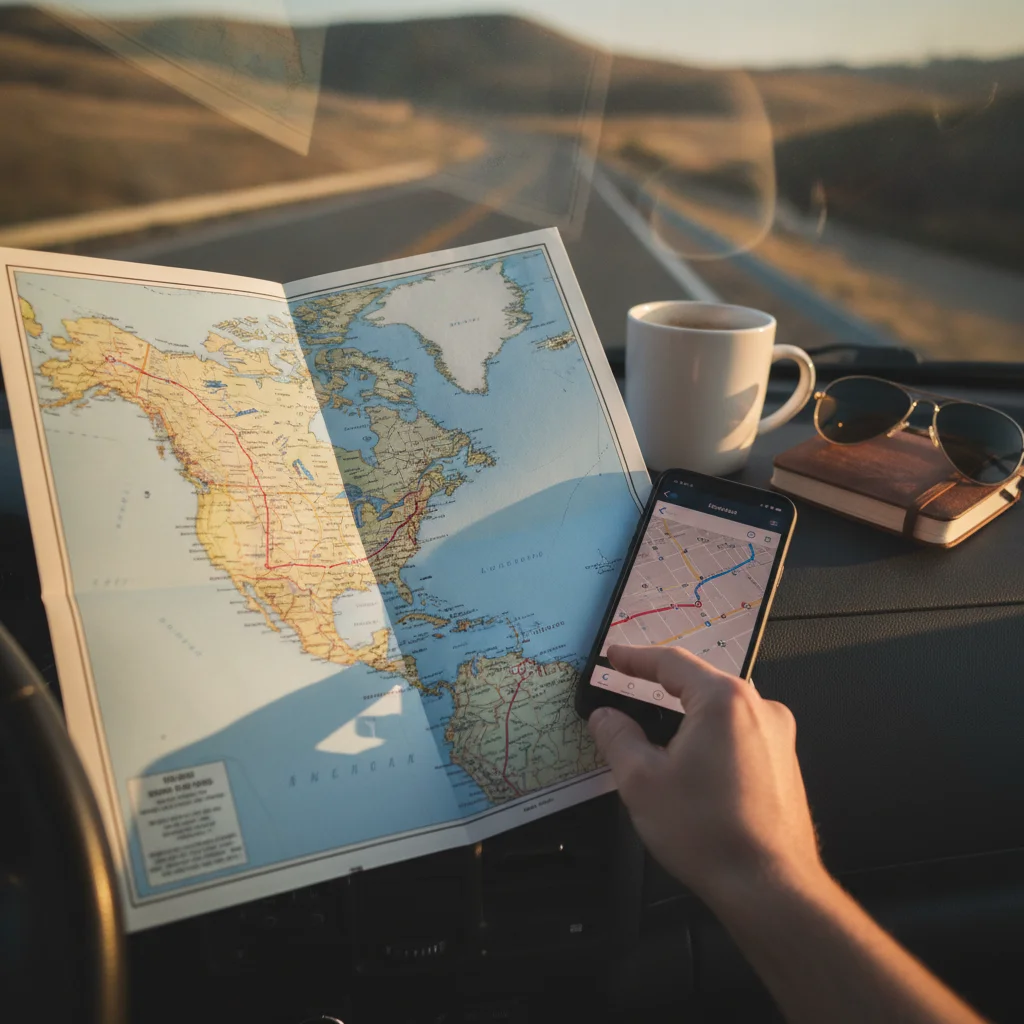 A road atlas and a smartphone with a maps app open on a car dashboard for road trip planning