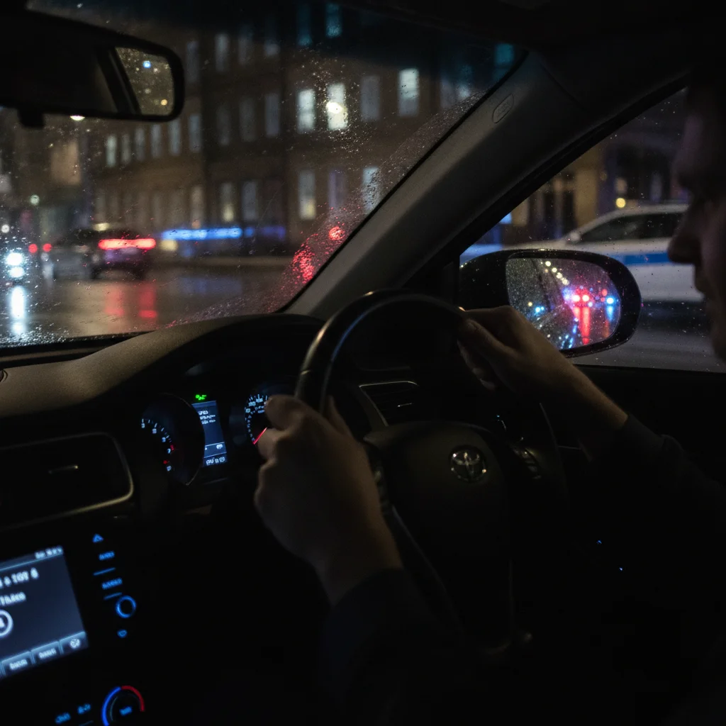 Driver's perspective inside car seeing emergency vehicle lights reflected in mirrors at night