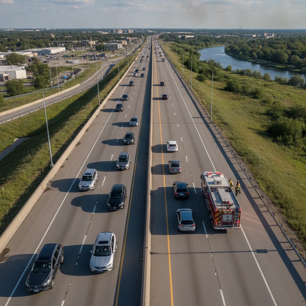Aerial view of highway traffic moving over to accommodate a stopped fire truck on the shoulder