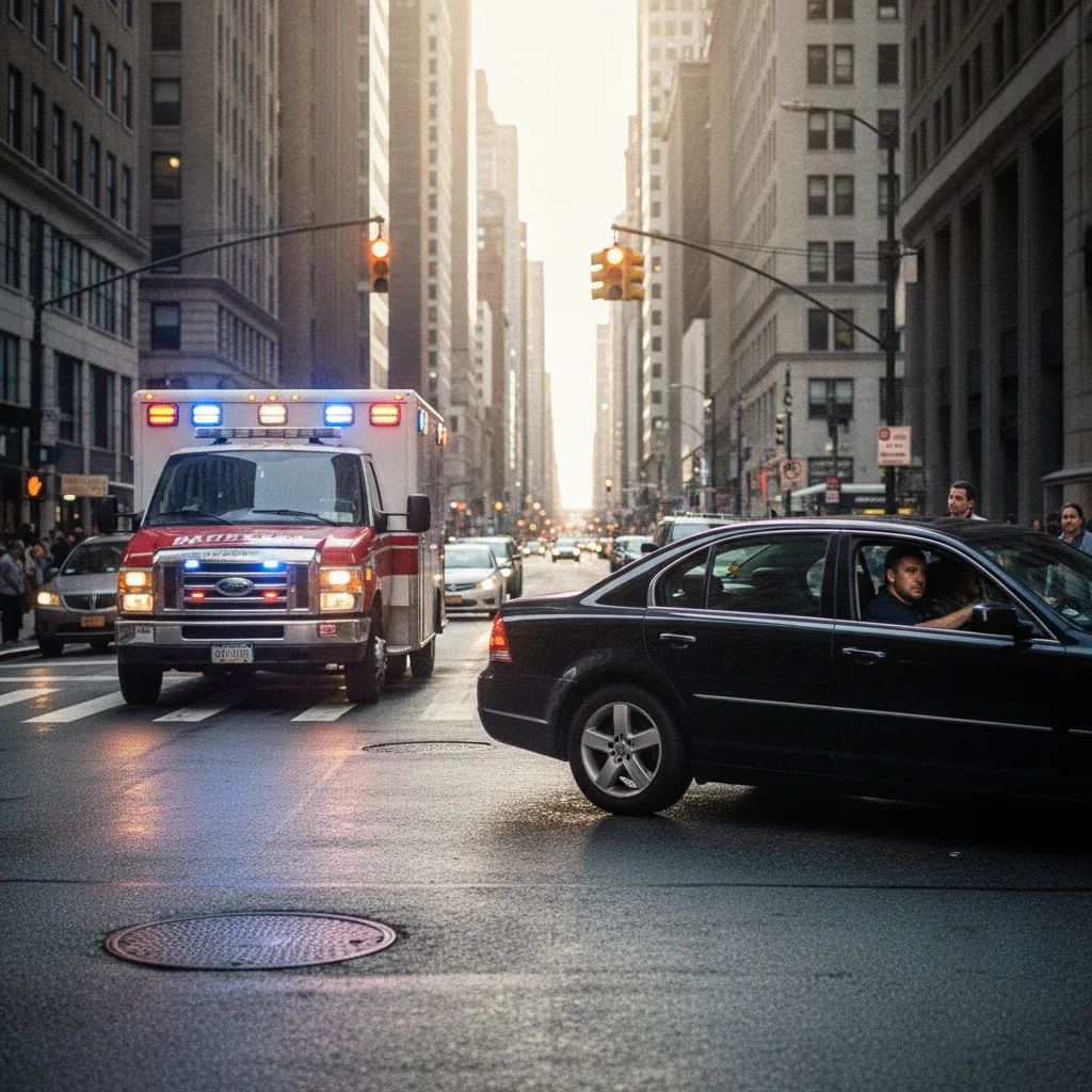 Ambulance entering a busy urban intersection as stopped cars attempt to yield and pull to the curb