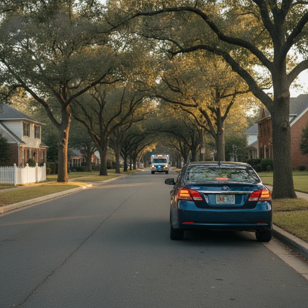 Car pulled to the curb on a residential street after an ambulance has passed, ready to re-enter traffic