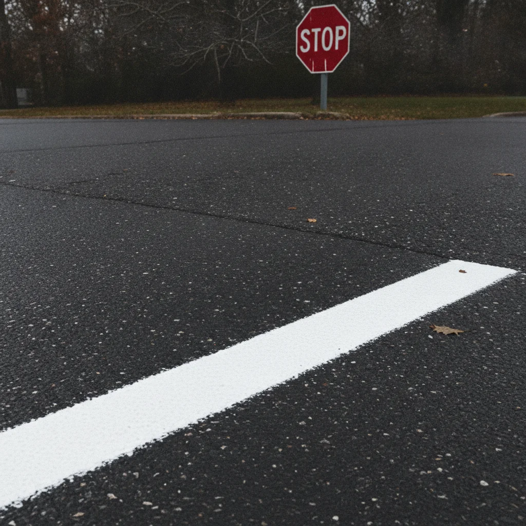 White stop line painted on asphalt at a residential intersection with a stop sign in background