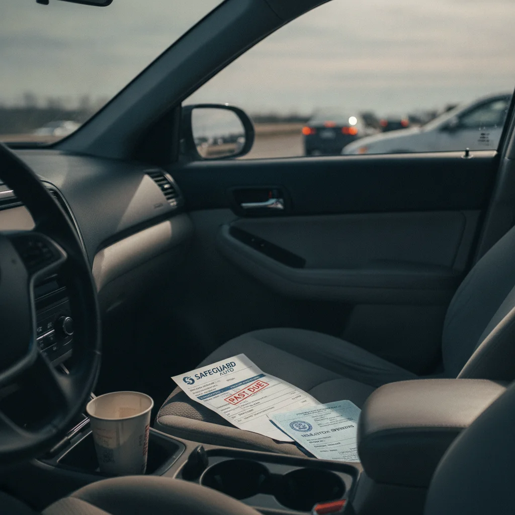 Driver's view of a traffic citation and insurance bill resting on the passenger seat of a car