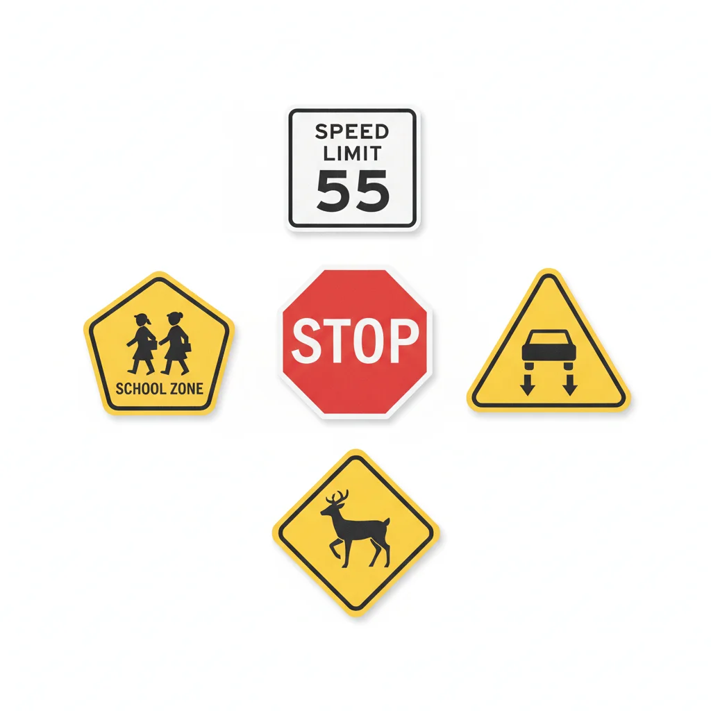 Illustrated graphic showing standard U.S. road sign shapes including octagon, diamond, and triangle