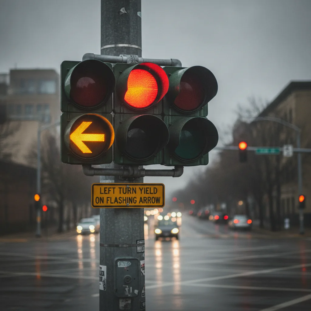 Traffic signal showing a flashing yellow arrow alongside a red light at a city intersection