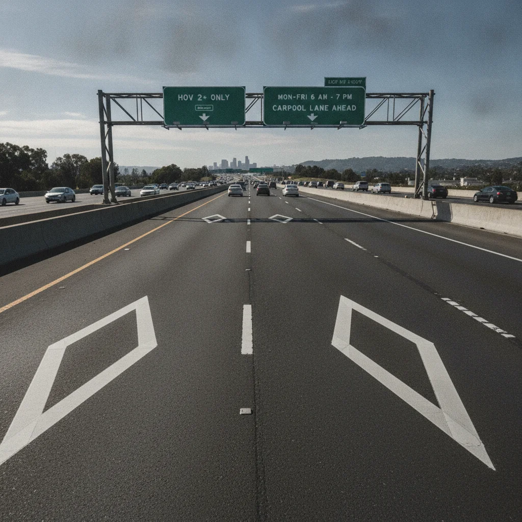 HOV lane on a U.S. highway showing diamond pavement markings and overhead carpool signage
