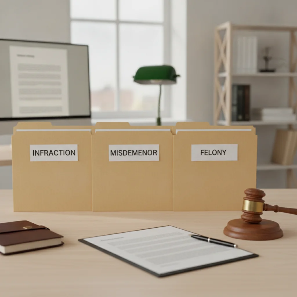 Three labeled legal folders representing traffic violation tiers: infraction, misdemeanor, and felony on a desk.