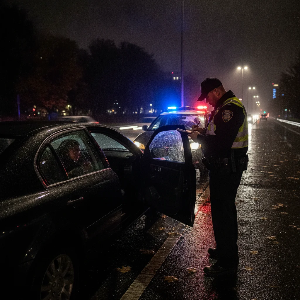 Police officer writing a traffic ticket beside a stopped car on a rainy night with flashing lights visible.