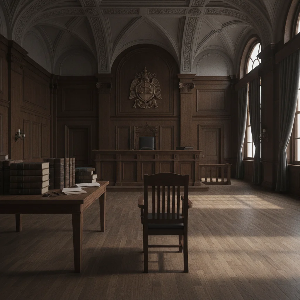 Empty courtroom with defendant's chair, legal books, and judge's bench representing felony traffic proceedings.