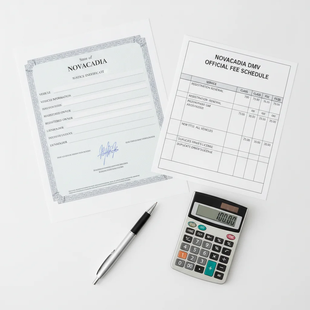 Car title document alongside a DMV fee schedule and calculator on a white desk