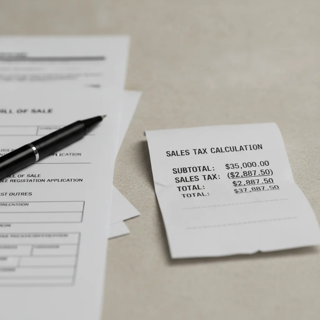 Sales tax calculation printed on vehicle purchase paperwork with a pen nearby