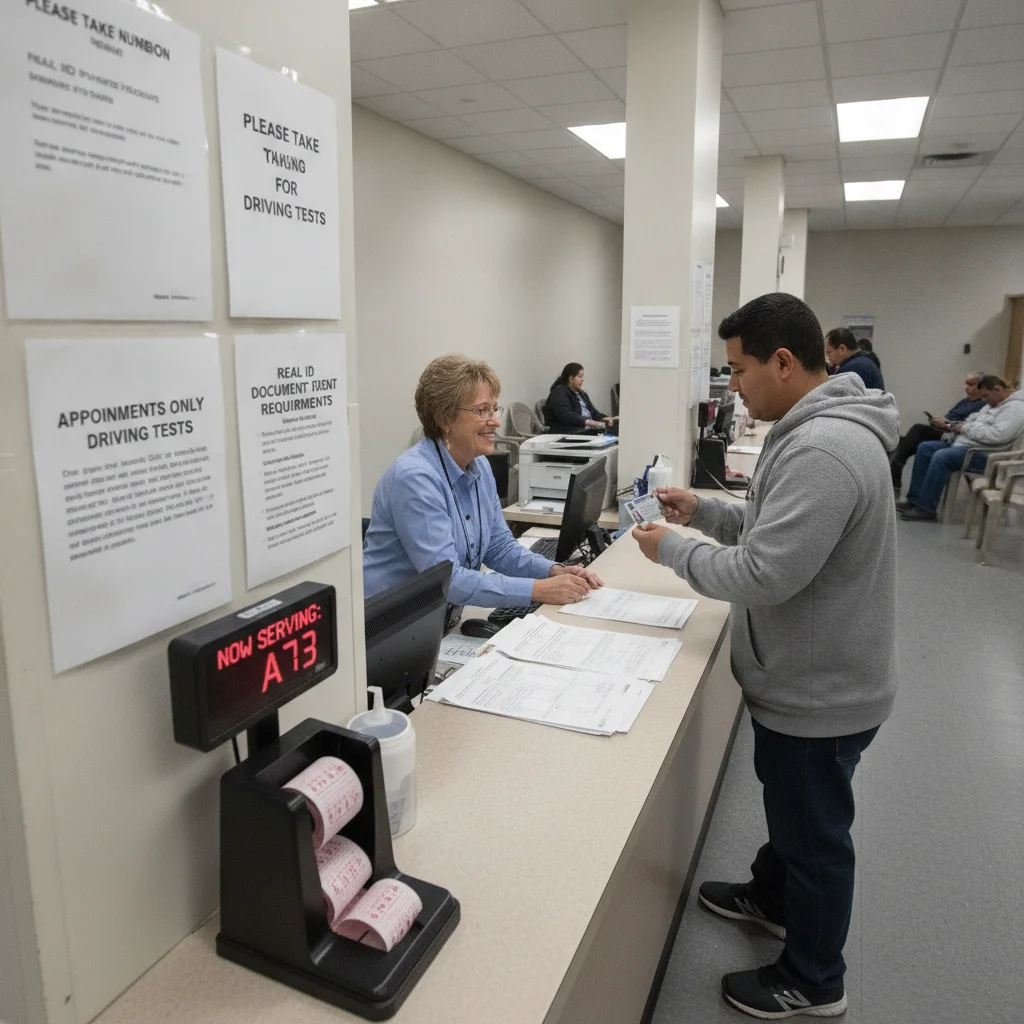 DMV service counter with government official assisting a customer with vehicle paperwork