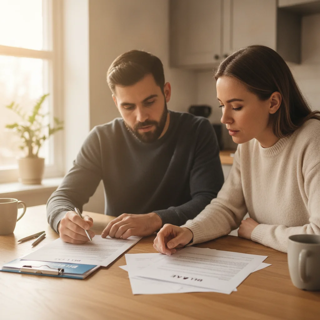 A seller and buyer reviewing a vehicle title and bill of sale together at a table before completing a private car sale.